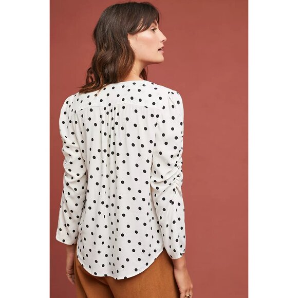 Maeve By Anthropologie Jourdain Blouse Polka Dot Ruched Sleeve Button Down X-S - Picture 2 of 15